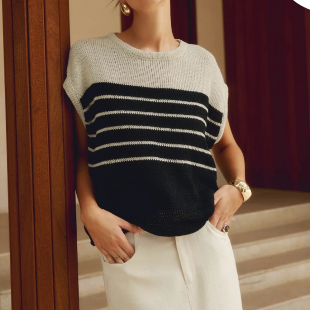 Commense Black and Tan Striped Knit Top
